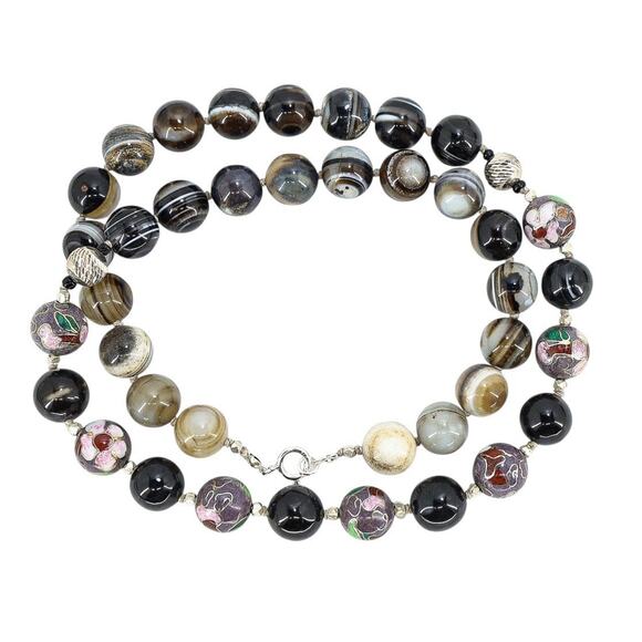 Vintage Style Banded Agate Cloisonne & Sterling Silver Beaded Necklace 24” Boho - Picture 2 of 7